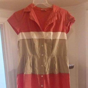 Liz Claiborne woman size 14 Pink, white, tan striped button down collared dress